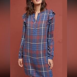 Cloth & Stone Anthropologie Plaid Ruffle Long Sleeve Top Tunic Shirt Dress Sz M
